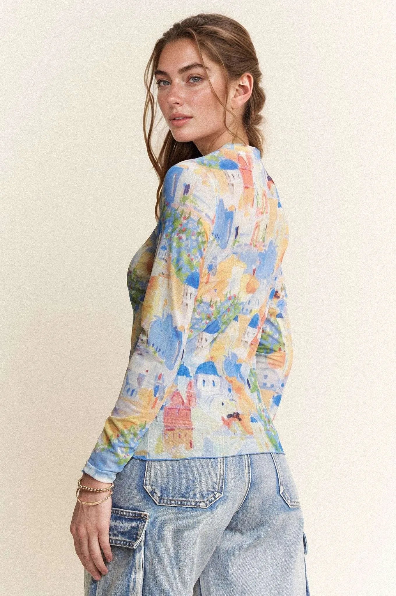 Davi & Dani Multi Printed Mesh Round Neck Long Sleeve Top