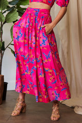 Davi & Dani Printed Smocking Waistband Ruffled Maxi Skirt CANDY PINK / S