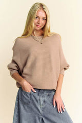 Davi & Dani Round Neck Batwing Sleeve Sweater Tan / S