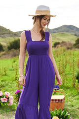 Davi & Dani Smocked Bodice Strap Ruffle Tie Belt Jumpsuit