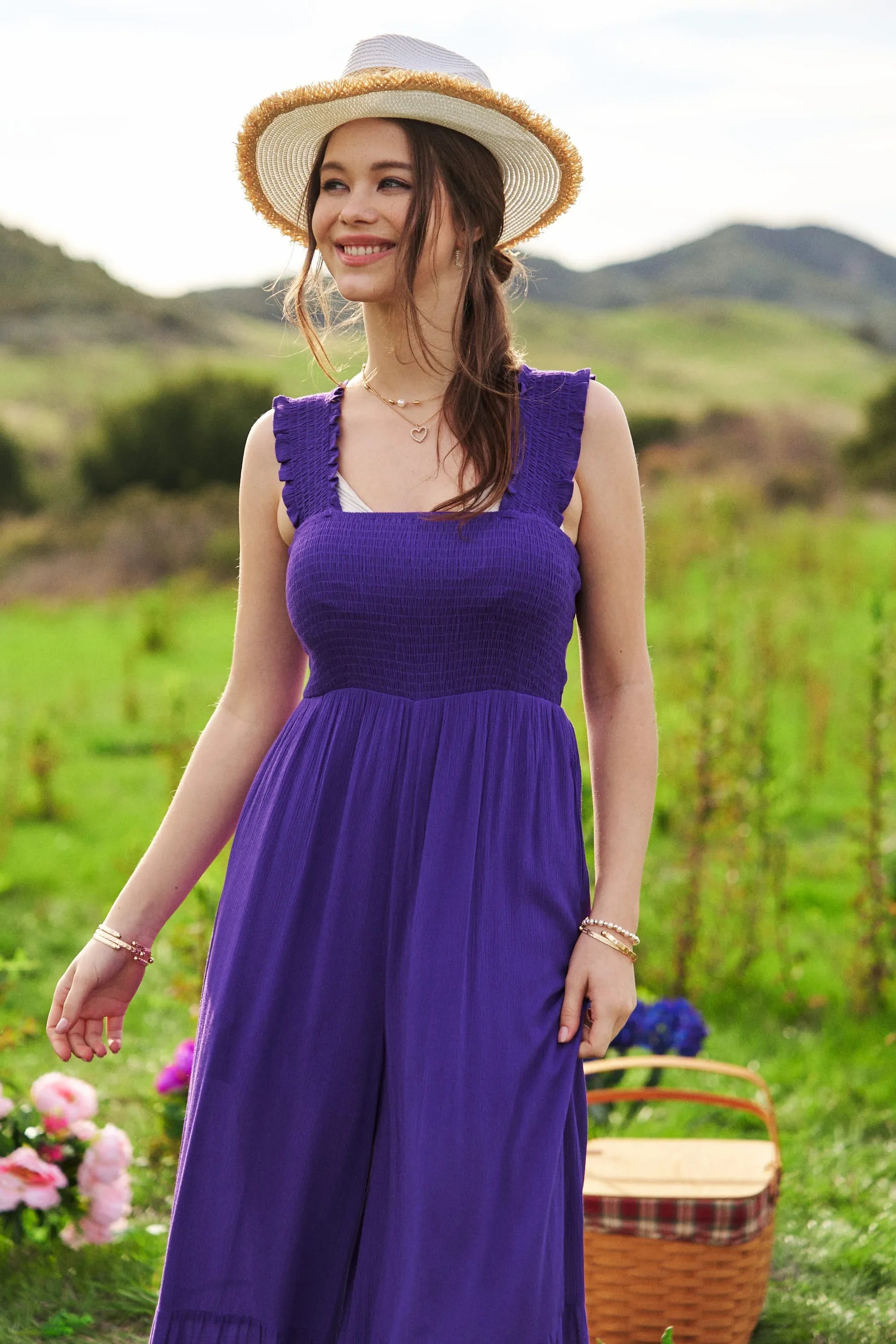 Davi & Dani Smocked Bodice Strap Ruffle Tie Belt Jumpsuit