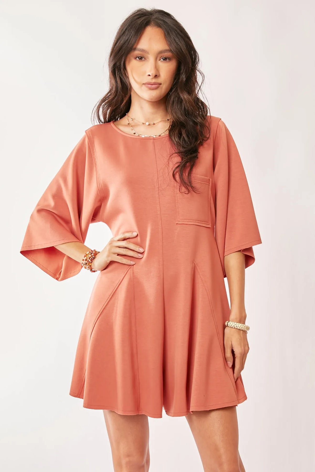 Davi & Dani Solid Draped Sleeve Ties Back Skort Romper SALMON / S