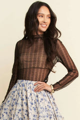 Davi & Dani Turtle Neck Lace Dotted Stretch Mesh Sheer Top