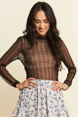 Davi & Dani Turtle Neck Lace Dotted Stretch Mesh Sheer Top