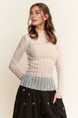 Davi & Dani Turtle Neck Lace Dotted Stretch Mesh Sheer Top