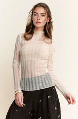Davi & Dani Turtle Neck Lace Dotted Stretch Mesh Sheer Top WHITE / S