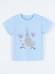 Flat lay front view of children's sky blue t-shirt with glitter unicorn face graphic