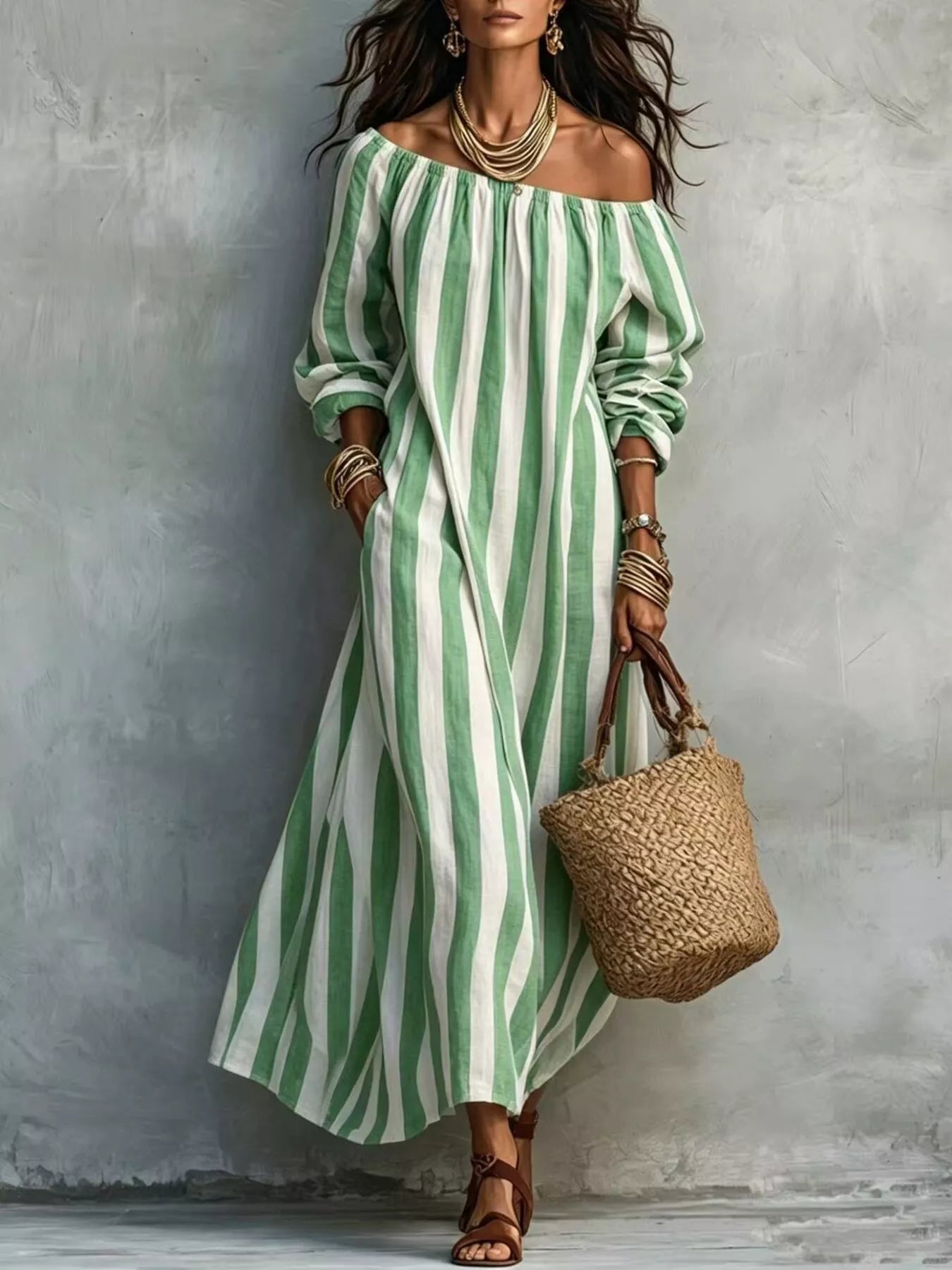 Green and white striped off shoulder dress with long sleeves and side pockets