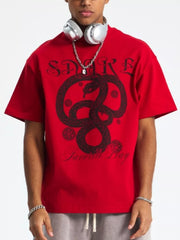 Men's round-neck graphic T-shirt made from a cotton-spandex blend.