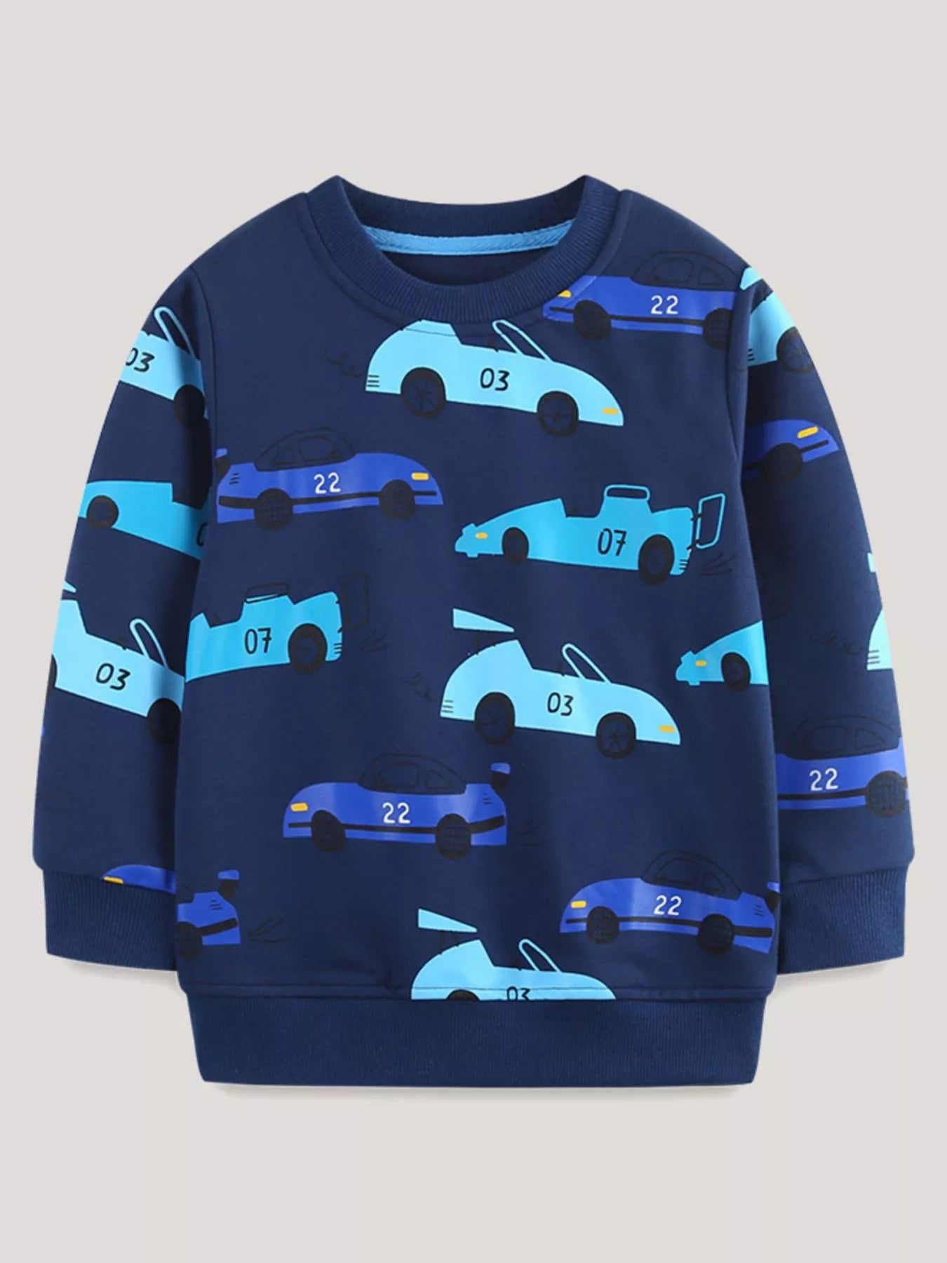 Navy children's long sleeve sweatshirt with blue and light blue racing cars all over