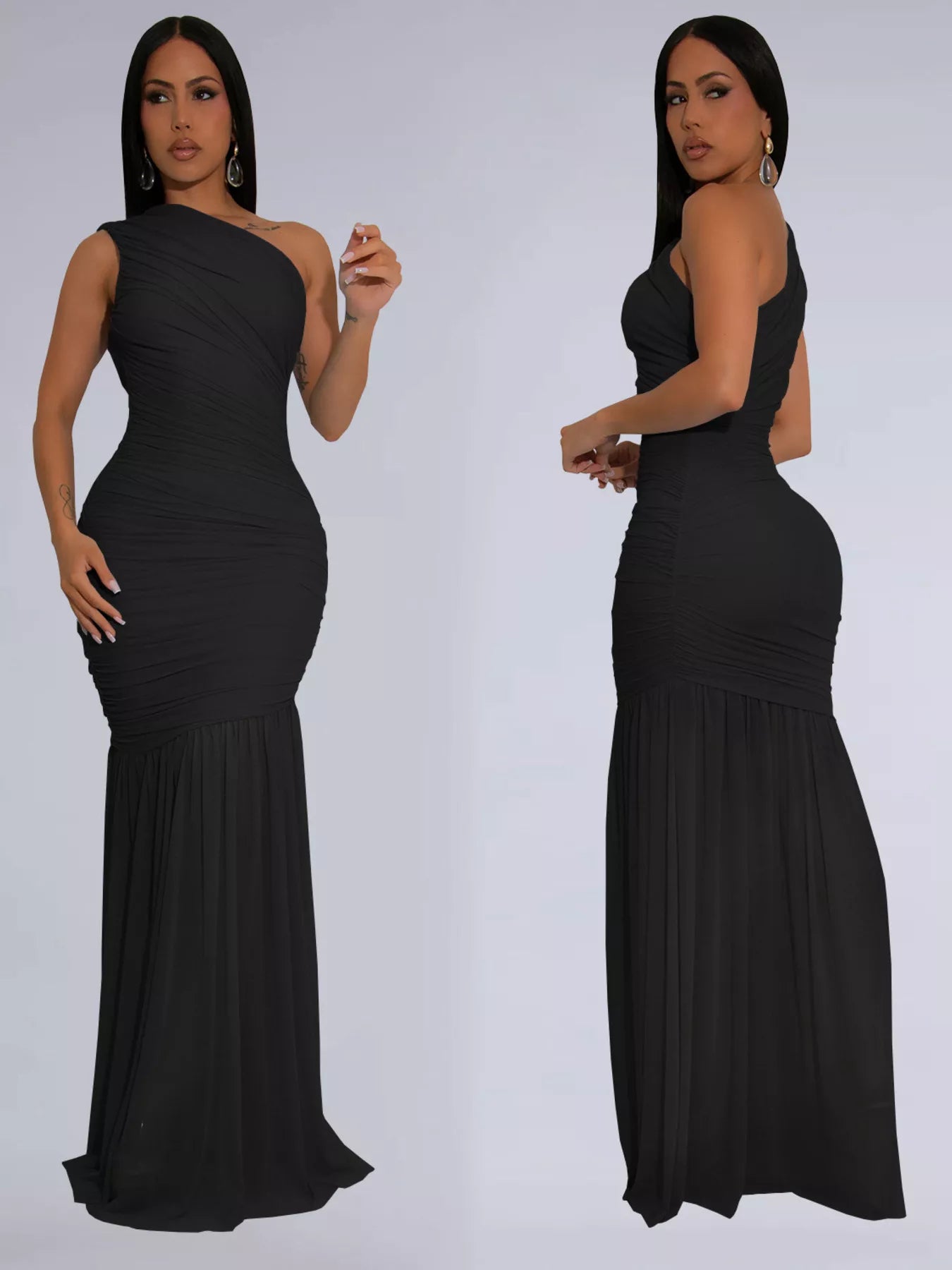 Black one shoulder ruched bodycon maxi dress shown from front and side in one frame