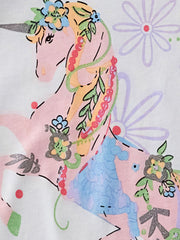 Close view of the pink unicorn with flowers and purple blooms on the white children's tee