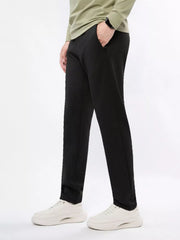 Men's black straight-leg casual pants with pockets, available in plus sizes.