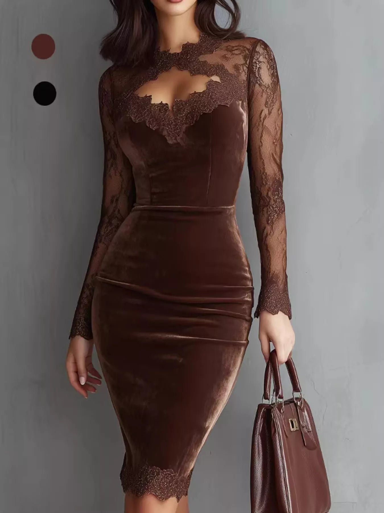 Front view of a coffee long sleeve velvet lace bodycon dress with a lace cutout bodice and lace sleeves