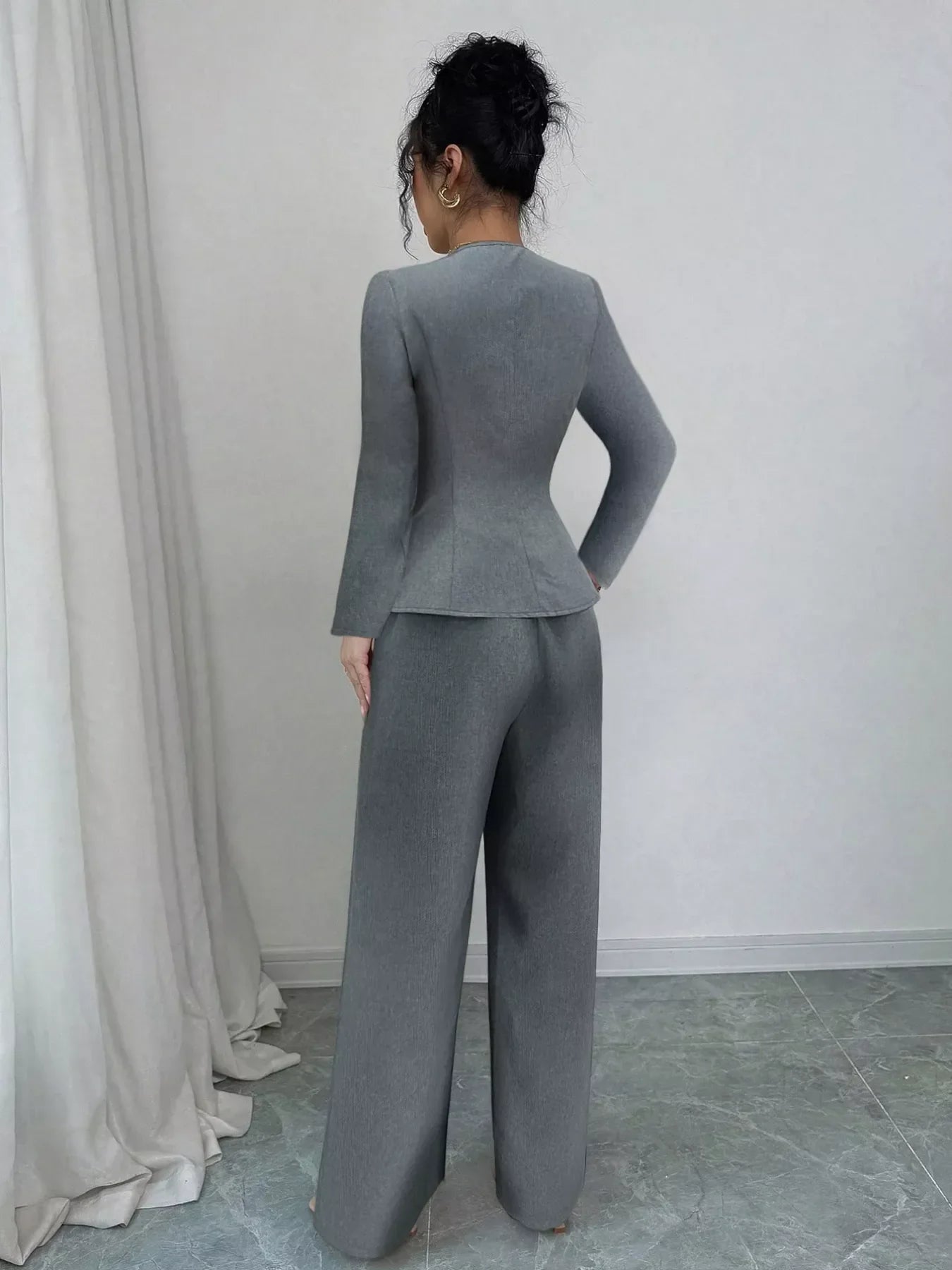 Decor Buckle Blazer & Wide Leg Pants Set