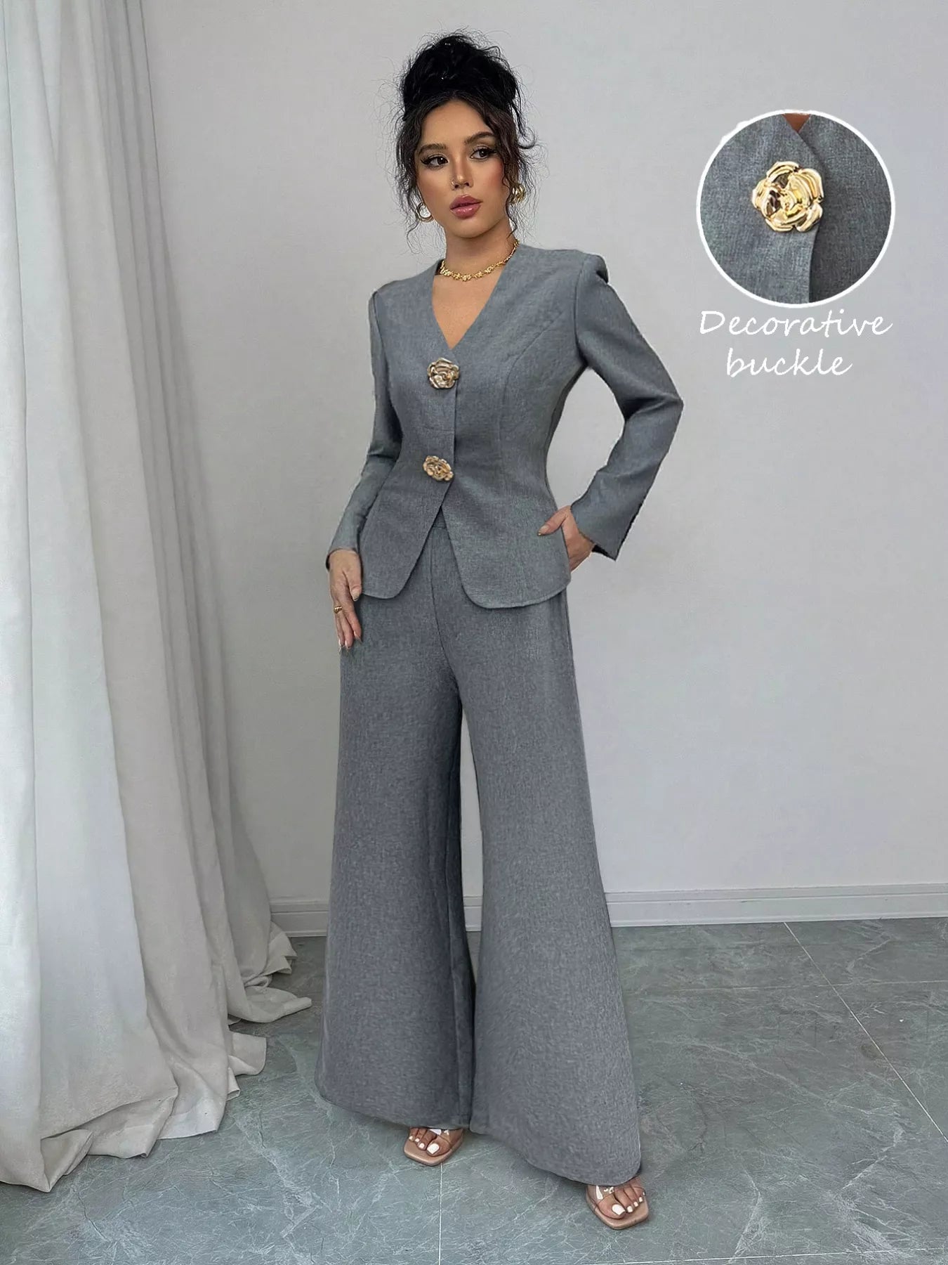 Decor Buckle Blazer & Wide Leg Pants Set