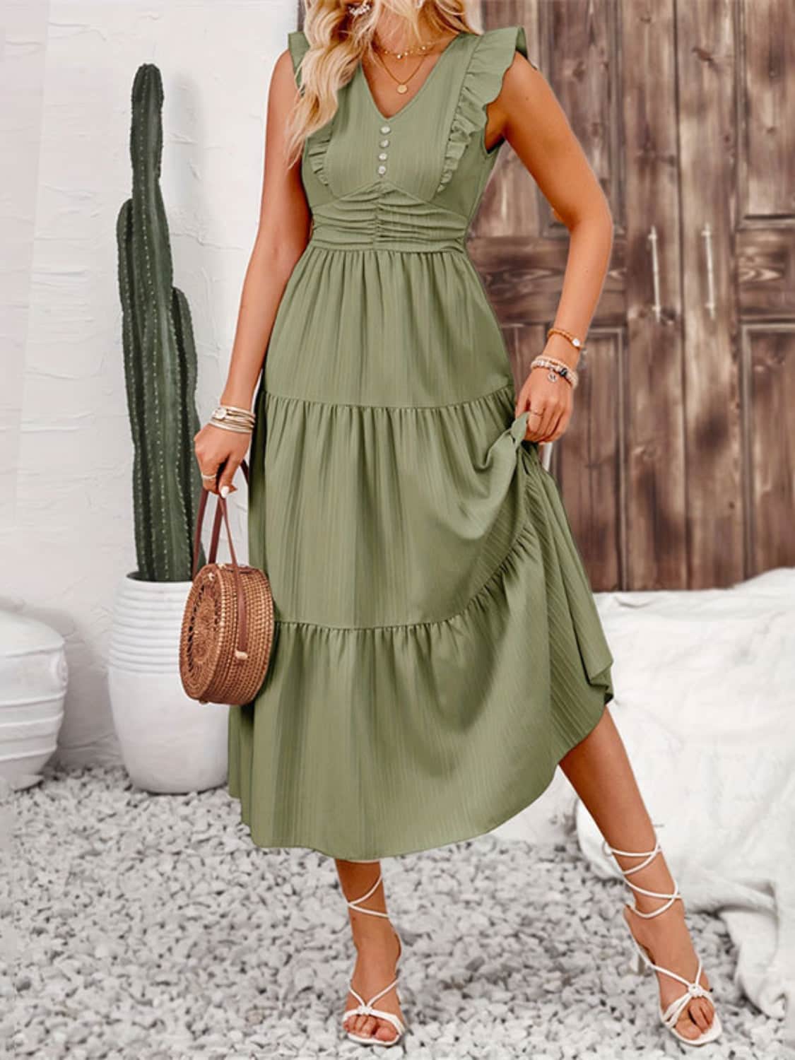 Decor Button Ruffled Tiered Midi Dress