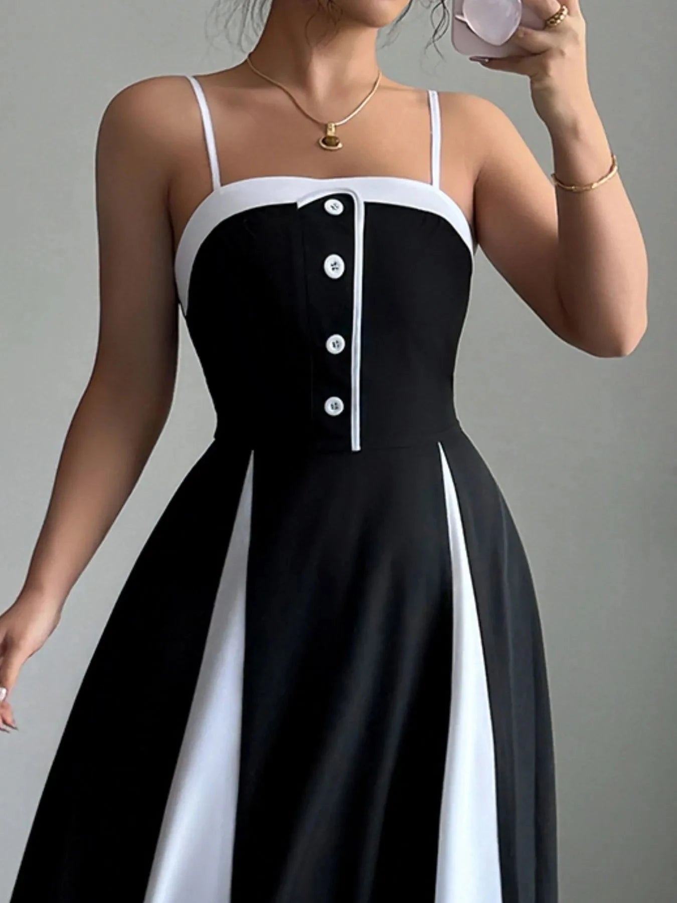 Decorative Button Contrast Maxi Cami Dress