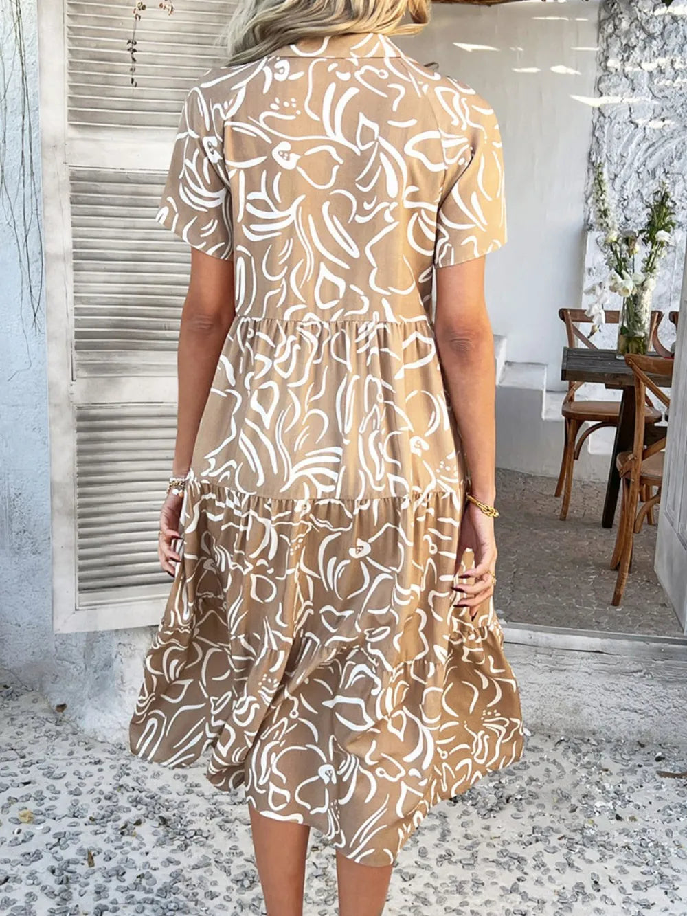 Devine Printed Johnny Collar Button Down Short Sleeve Midi Shirt Dress