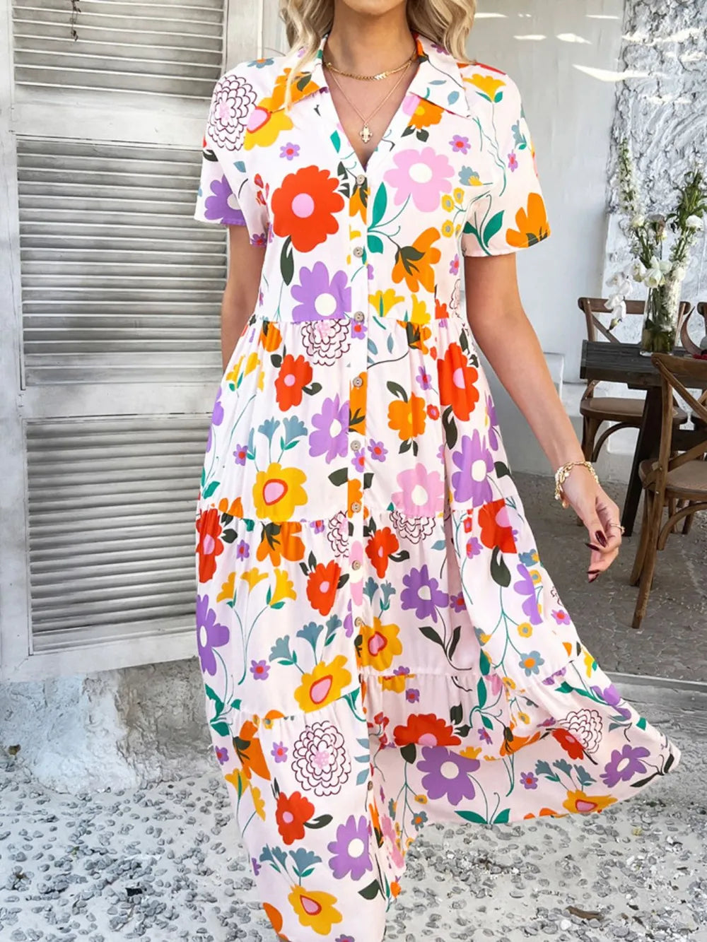 Devine Printed Johnny Collar Button Down Short Sleeve Midi Shirt Dress Blush Pink / S