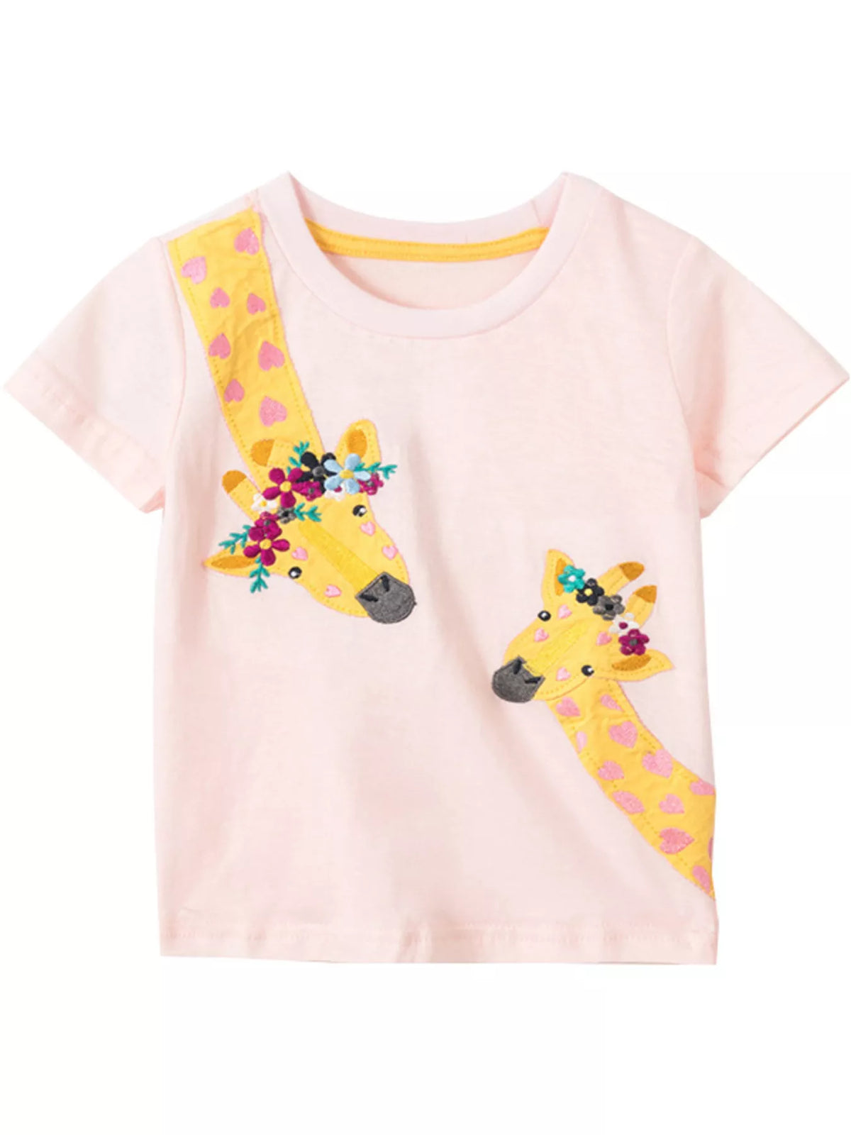 Front view of the blush pink children's t-shirt with giraffes and yellow neck trim