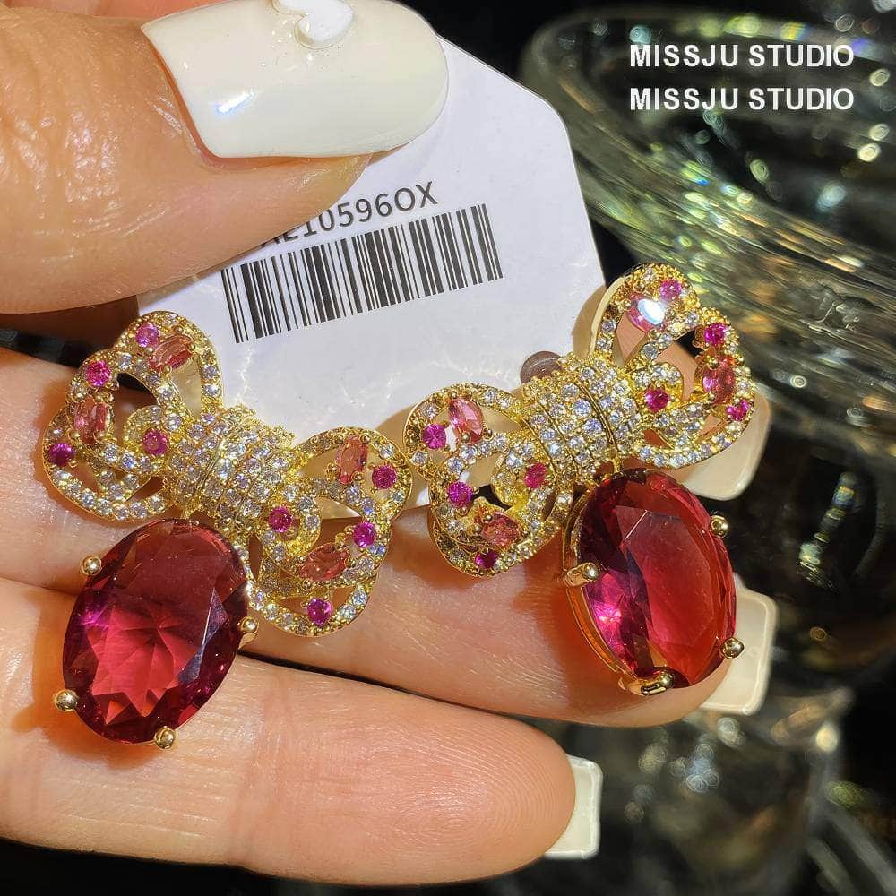 Diamanté Bowknot Sparkle Studded Ruby Gold Earrings DeepPink