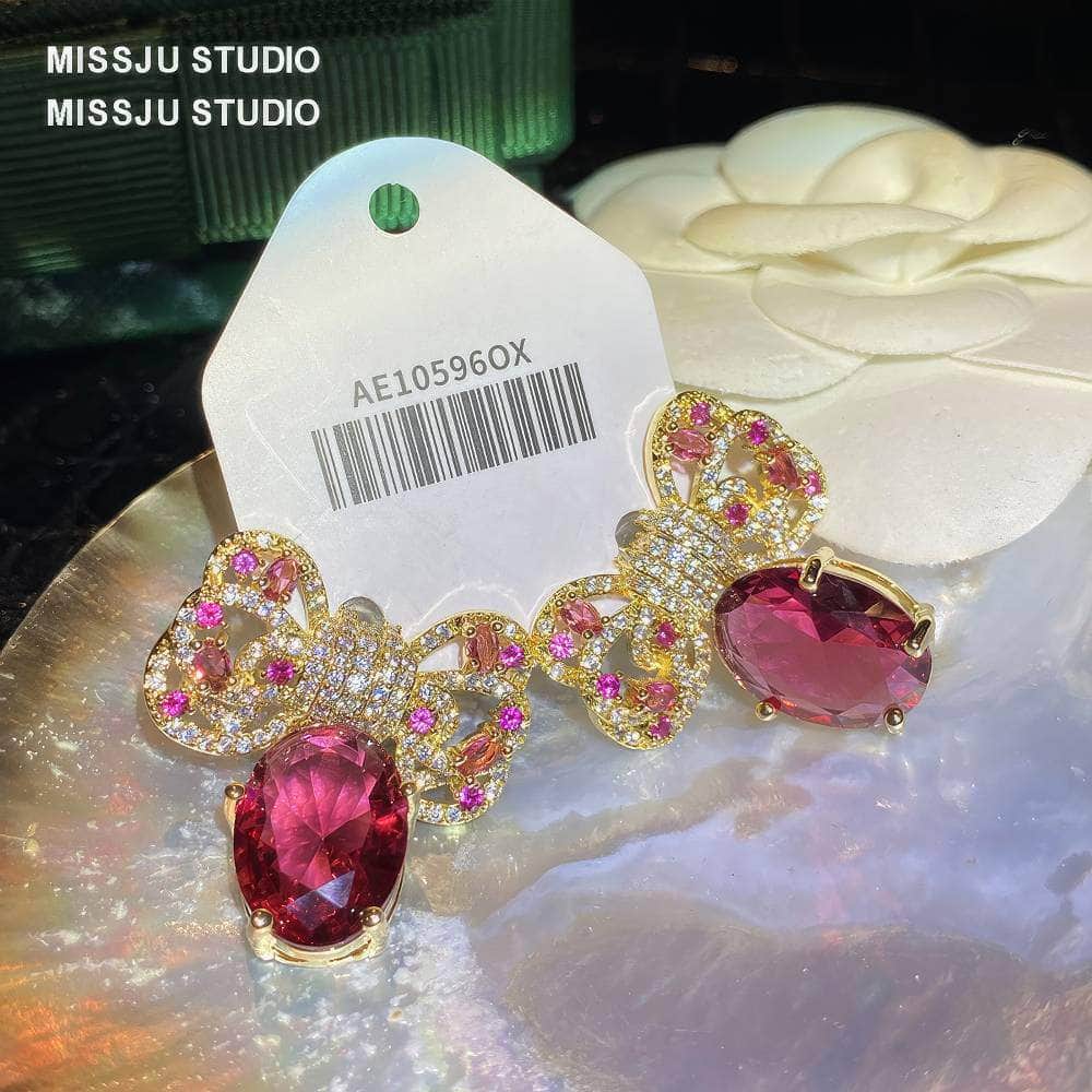 Diamanté Bowknot Sparkle Studded Ruby Gold Earrings DeepPink