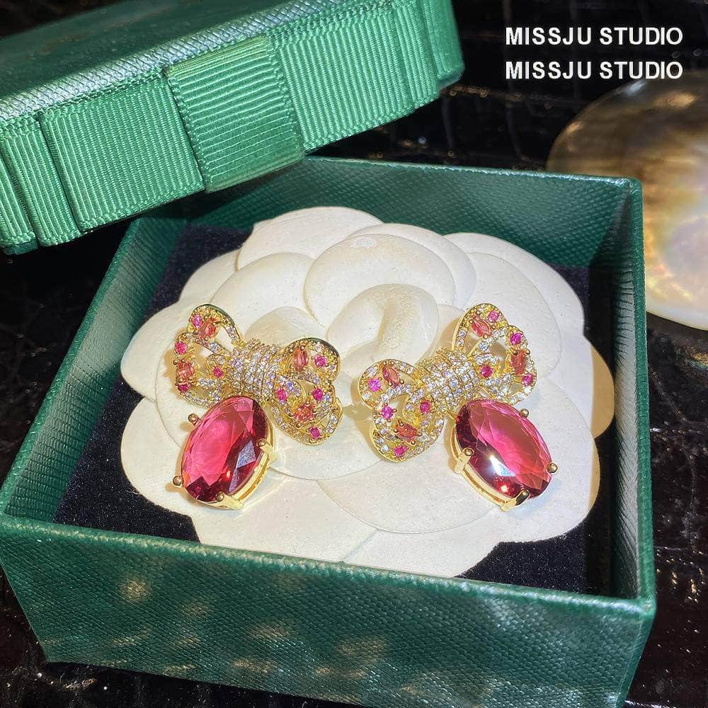 Diamanté Bowknot Sparkle Studded Ruby Gold Earrings DeepPink