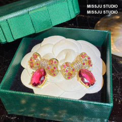 Diamanté Bowknot Sparkle Studded Ruby Gold Earrings DeepPink