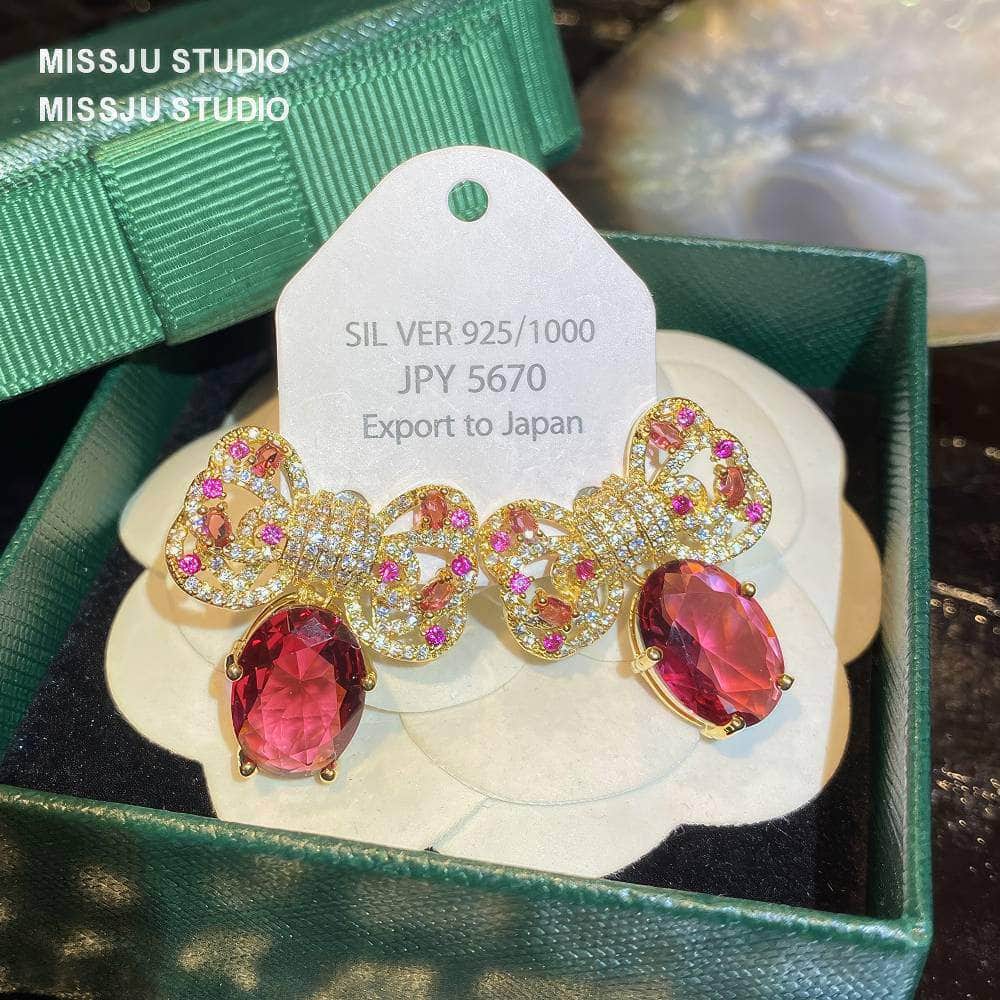 Diamanté Bowknot Sparkle Studded Ruby Gold Earrings DeepPink