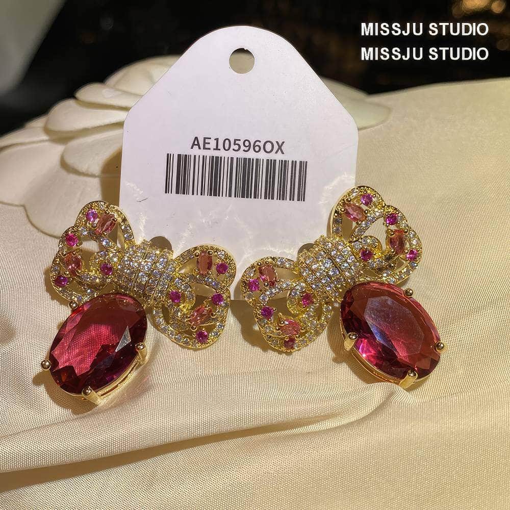 Diamanté Bowknot Sparkle Studded Ruby Gold Earrings DeepPink
