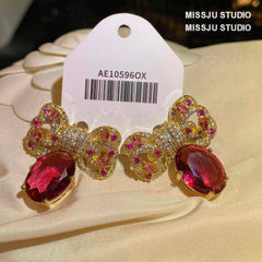 Diamanté Bowknot Sparkle Studded Ruby Gold Earrings DeepPink