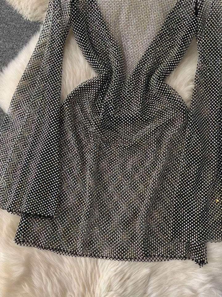 Diamante Flared Sleeves Mini Dress