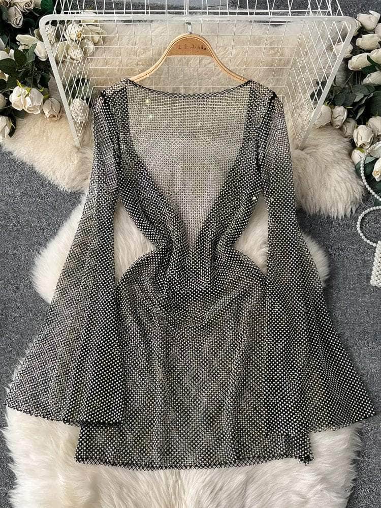 Diamante Flared Sleeves Mini Dress MAX SIZE / Black