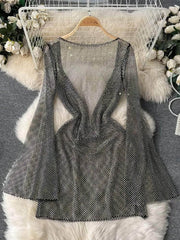 Diamante Flared Sleeves Mini Dress MAX SIZE / Black