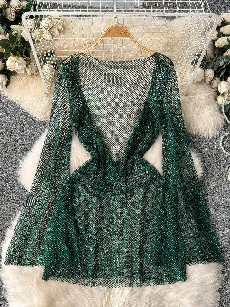 Diamante Flared Sleeves Mini Dress MAX SIZE / Green