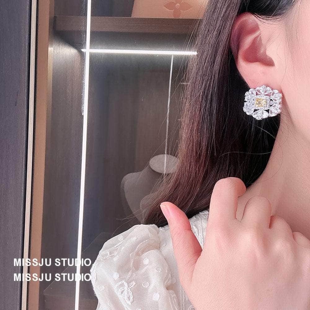 Diamante Halo Spiked Canary Yellow Round Floral Deco Earrings Yellow