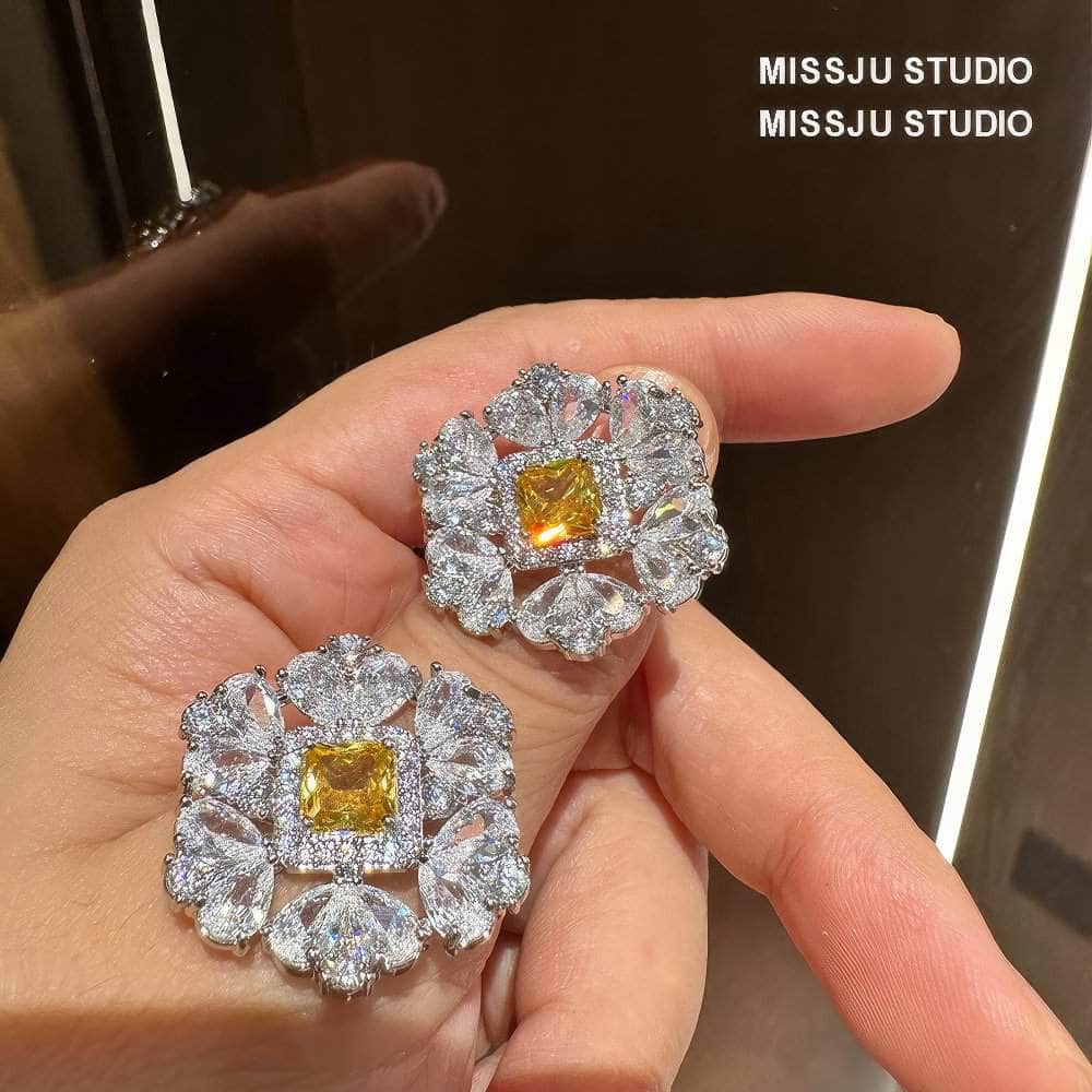 Diamante Halo Spiked Canary Yellow Round Floral Deco Earrings Yellow