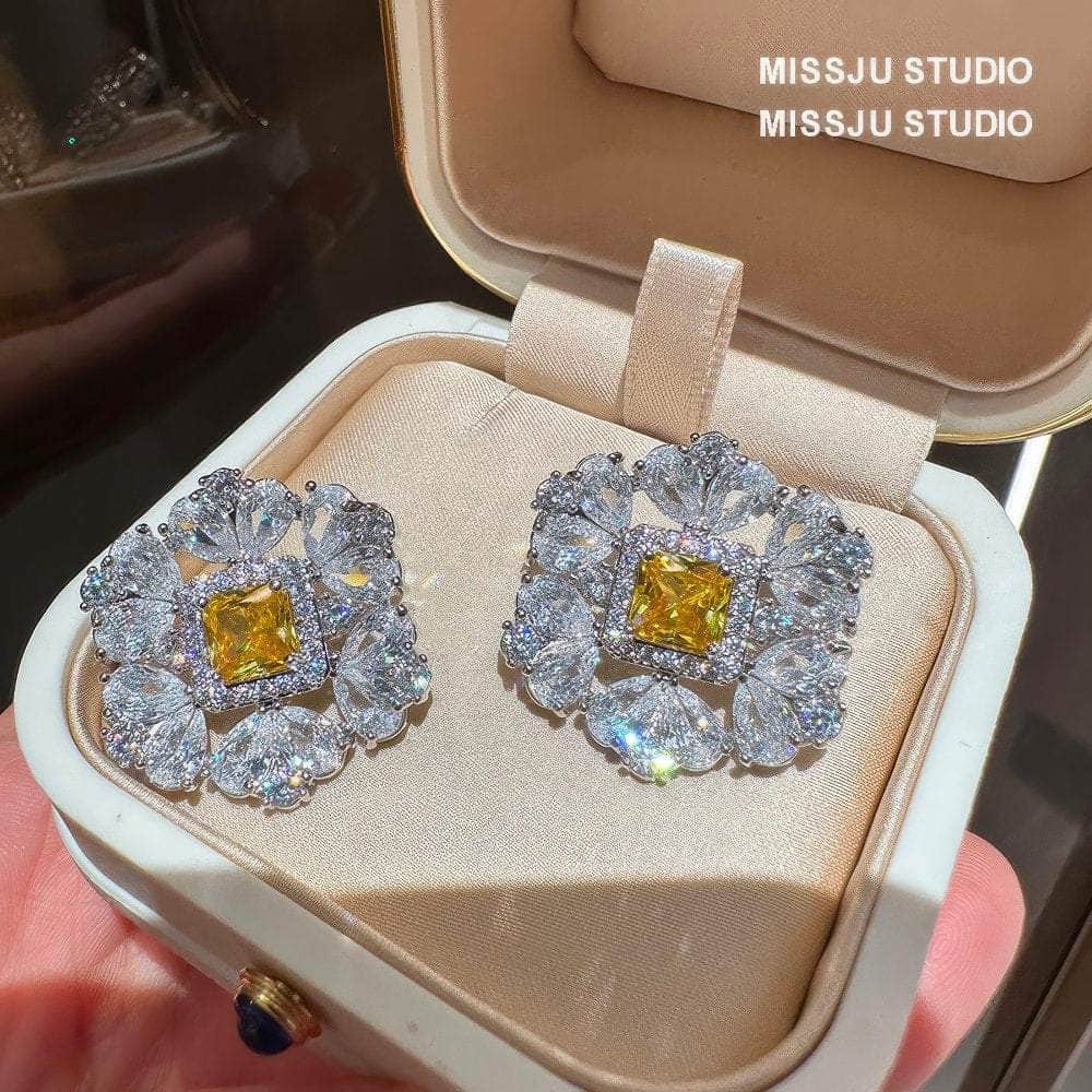 Diamante Halo Spiked Canary Yellow Round Floral Deco Earrings Yellow