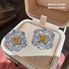 Diamante Halo Spiked Canary Yellow Round Floral Deco Earrings Yellow