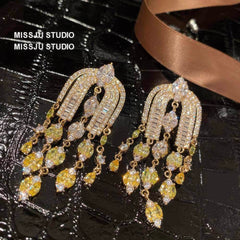Diamond Imitation Multi-layer Micro-inlaid U-Shaped Tassel Earrings Yellow