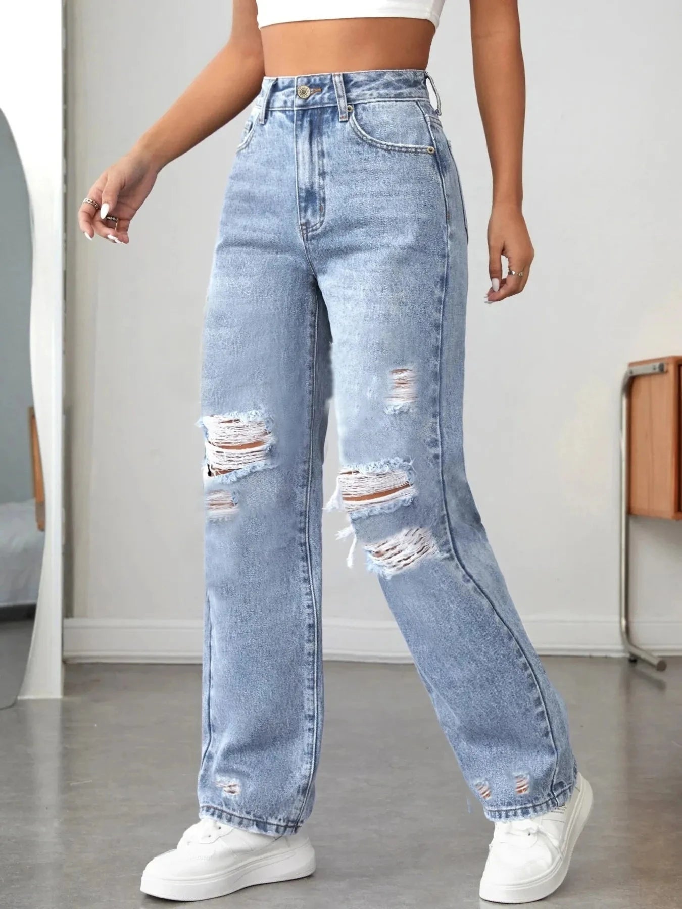 Distressed High Waisted Jeans Light Blue / XS
