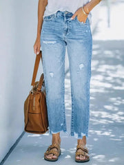 Distressed Straight Leg Jeans Light Blue / XS