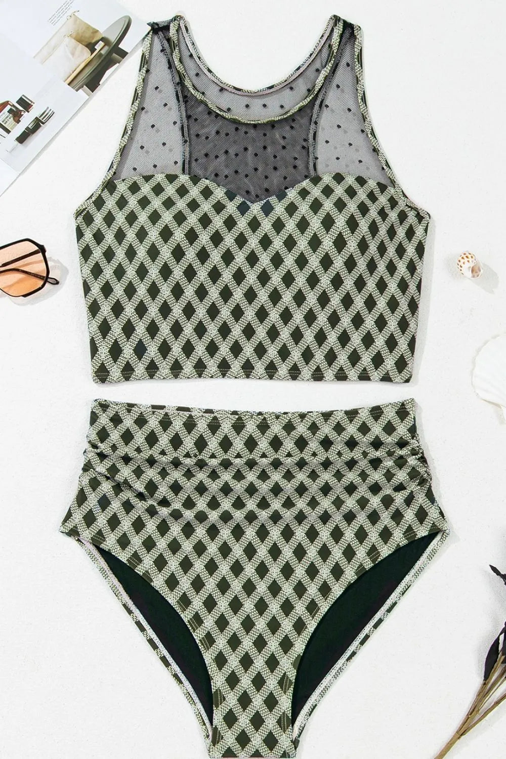 Dotted Mesh Plaid Patchwork High Waisted Swim Set