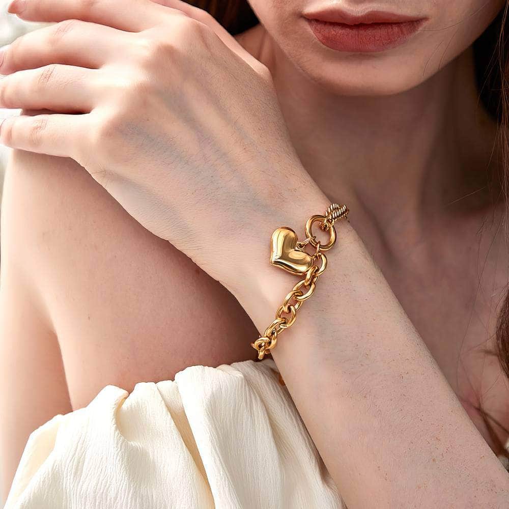 Double Chain Gold Heart Pendant Bracelet Gold