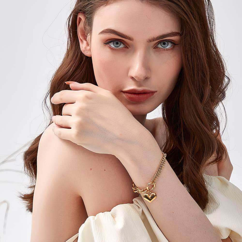 Double Chain Gold Heart Pendant Bracelet Gold