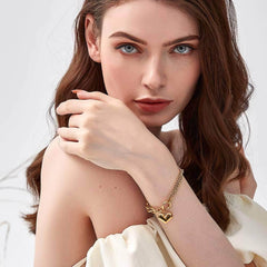 Double Chain Gold Heart Pendant Bracelet Gold