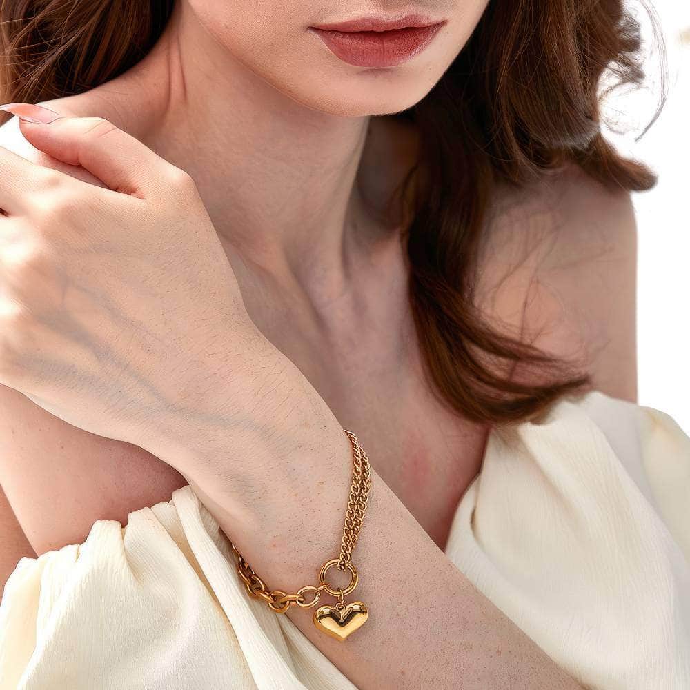 Double Chain Gold Heart Pendant Bracelet Gold