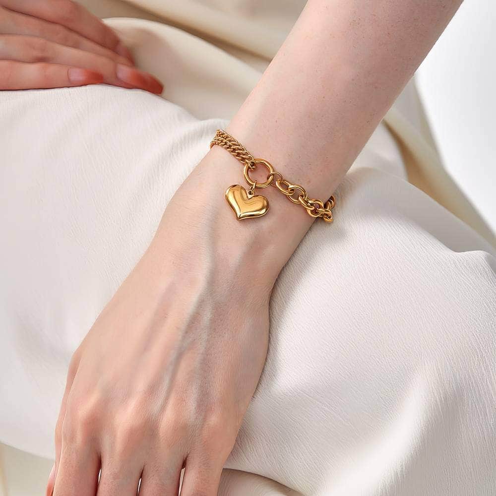 Double Chain Gold Heart Pendant Bracelet Gold