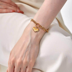 Double Chain Gold Heart Pendant Bracelet Gold